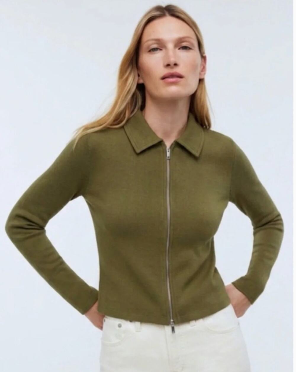 Madewell Olive Green Ribbed Zip-Front Tee Long Sleeve Knit Collared Shirt L